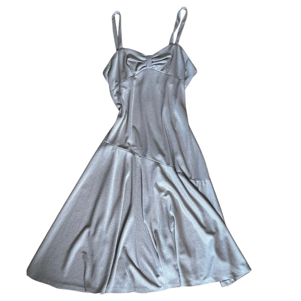 VTG 1970s Champagne Bow Bodice Asymmetrical Seam Tank Dress Flowy Feminine S/M